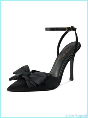 Satin Pointed Toe Stiletto Heels with Bow Ankle Strap Dress Pumps